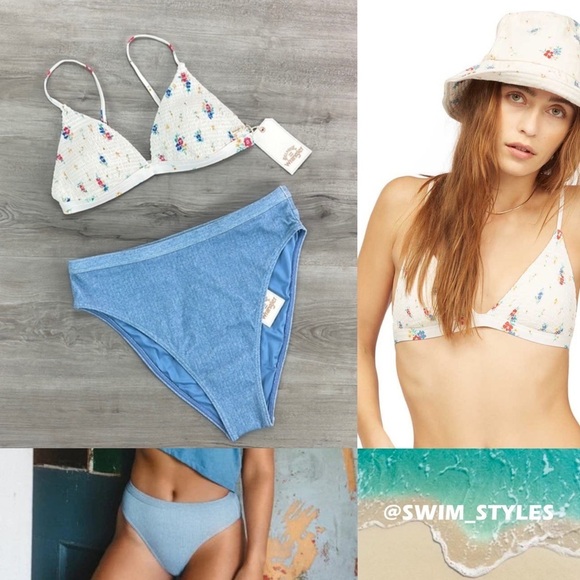 ☀️BILLABONG☀️ MEADOWLANDS CECI TRI DOWN WITH DENIM HIGH BIKINI SET - Picture 1 of 17